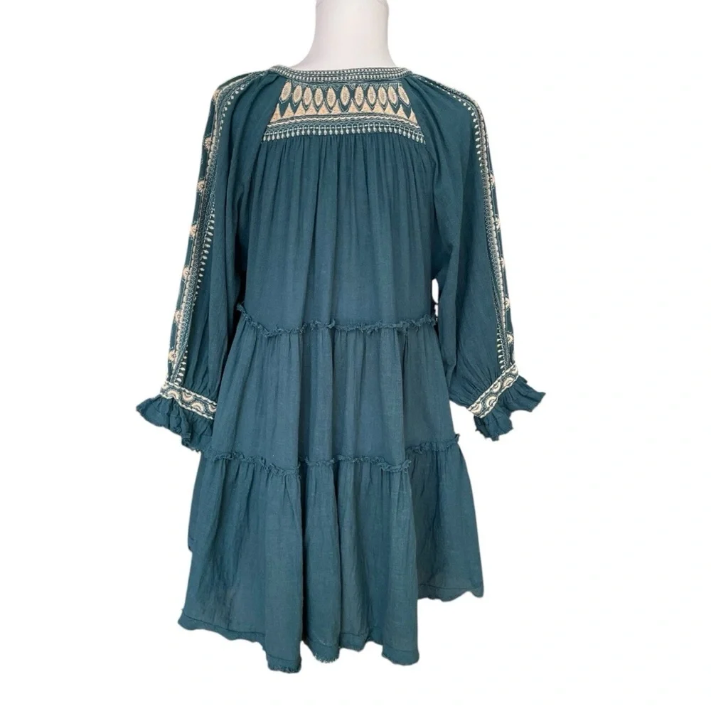 Free People Embroidered Boho Peasant Tunic Top Teal Blue Women’s Medium - Picture 4 of 16